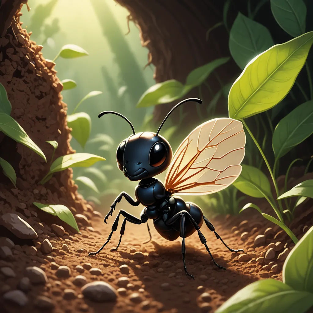 a black ant bug standing in a forest with green leaves and rocks on the ground and a light shining on the ground, fantasy art, a storybook illustration, Craola, highly detailed digital painting