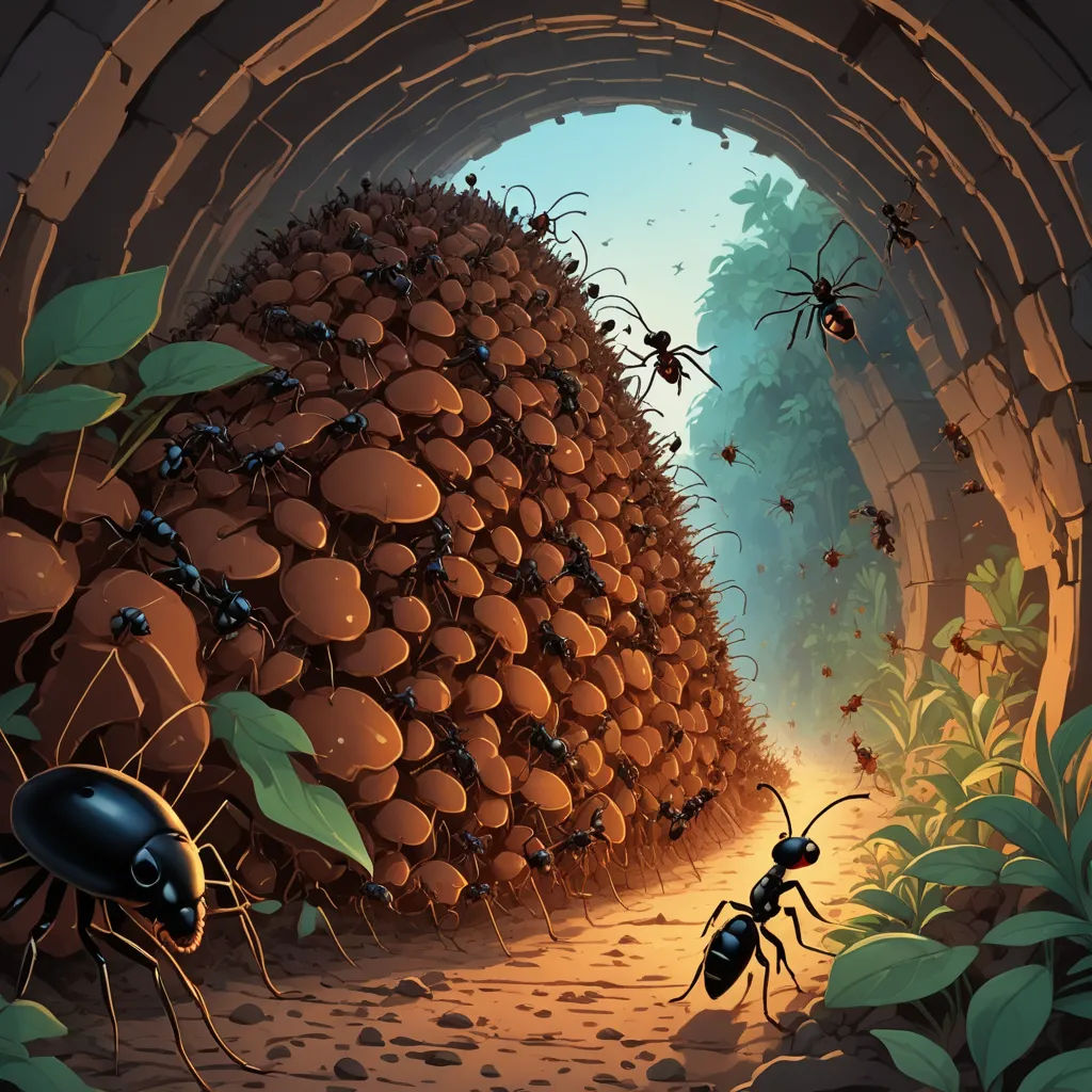 a group of ants crawling in a tunnel of rocks and dirt with leaves on the ground and a light at the end, antipodeans, a storybook illustration, Chris LaBrooy, detailed illustration