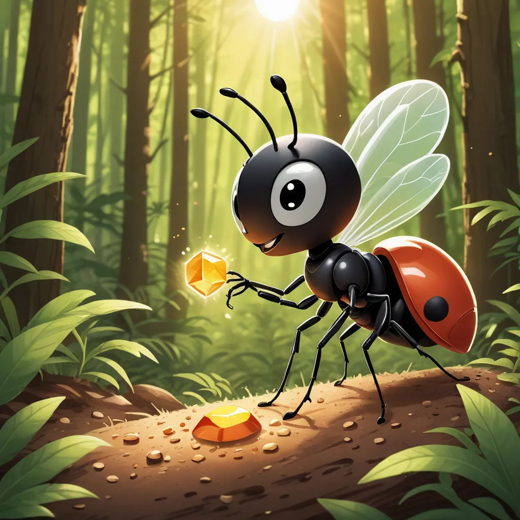 a cartoon ant carrying a piece of honey in a forest with sunlight shining through the trees and leaves on the ground, sots art, a storybook illustration, Cedric Seaut (Keos Masons), 2 d game art