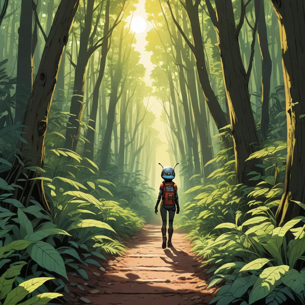 a person walking down a path in a forest with tall trees and ferns on both sides of the path, environmental art, poster art, Asaf Hanuka, official art