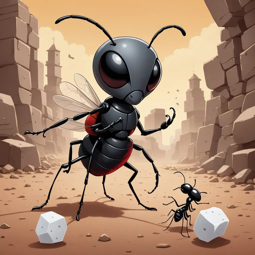 a cartoon ant ant standing in a desert with two smaller ants nearby on a desert landscape with rocks and a rock, pop surrealism, a storybook illustration, A. B. Jackson, 2 d game art