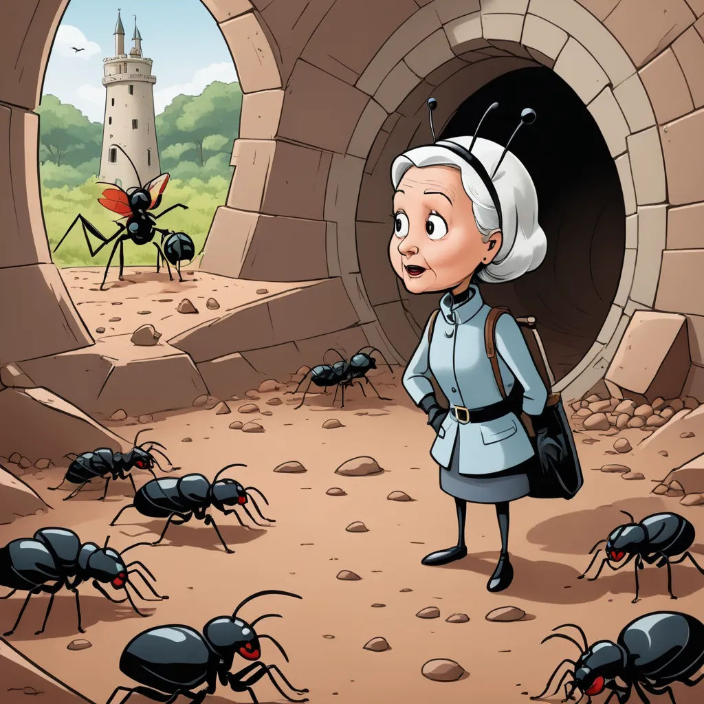 a cartoon character is standing in a tunnel with many ants around her and a castle in the background with a light house in the distance, fantasy art, a storybook illustration, Ada Gladys Killins, storybook illustration