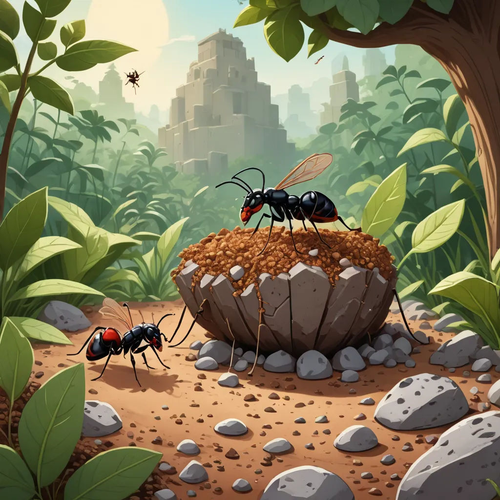 two ants are standing on a rock in the middle of a forest with a large rock in the foreground, primitivism, a storybook illustration, Chris LaBrooy, 2 d game art