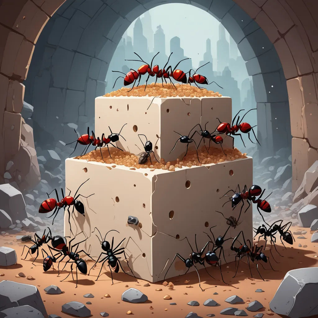 a group of ants standing on top of a block of cement in a cave with a tunnel in the background, serial art, an ultrafine detailed painting, Cyril Rolando, rossdraws global illumination