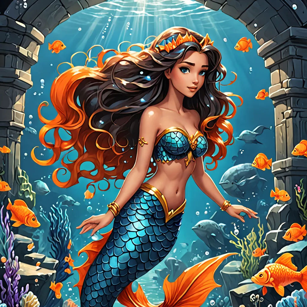 a beautiful mermaid with long hair standing in a underwater cave with fish and corals on the bottom of the water, fantasy art, a storybook illustration, Anne Stokes, highly detailed digital painting