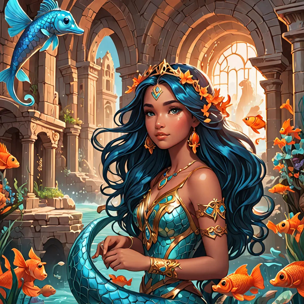 a beautiful woman with blue hair and a crown on her head standing in front of a castle with fish, fantasy art, a storybook illustration, Anne Stokes, fantasy artwork