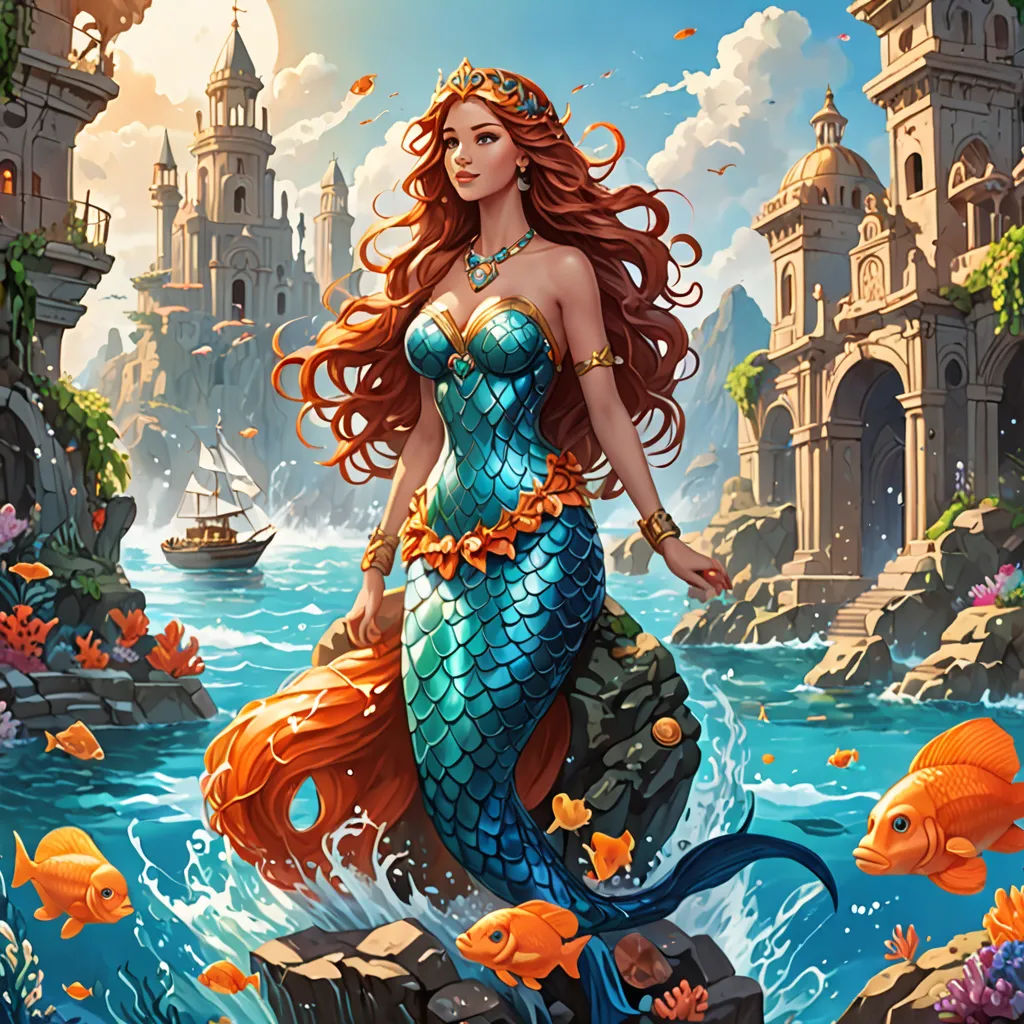 a beautiful mermaid standing on a rock in the ocean with a castle in the background and fish swimming around, fantasy art, a storybook illustration, Art of Brom, fantasy artwork
