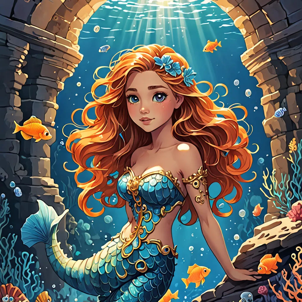 a beautiful mermaid with long red hair standing in a cave under the water with fish and corals around her, fantasy art, a storybook illustration, Artgerm, rossdraws global illumination