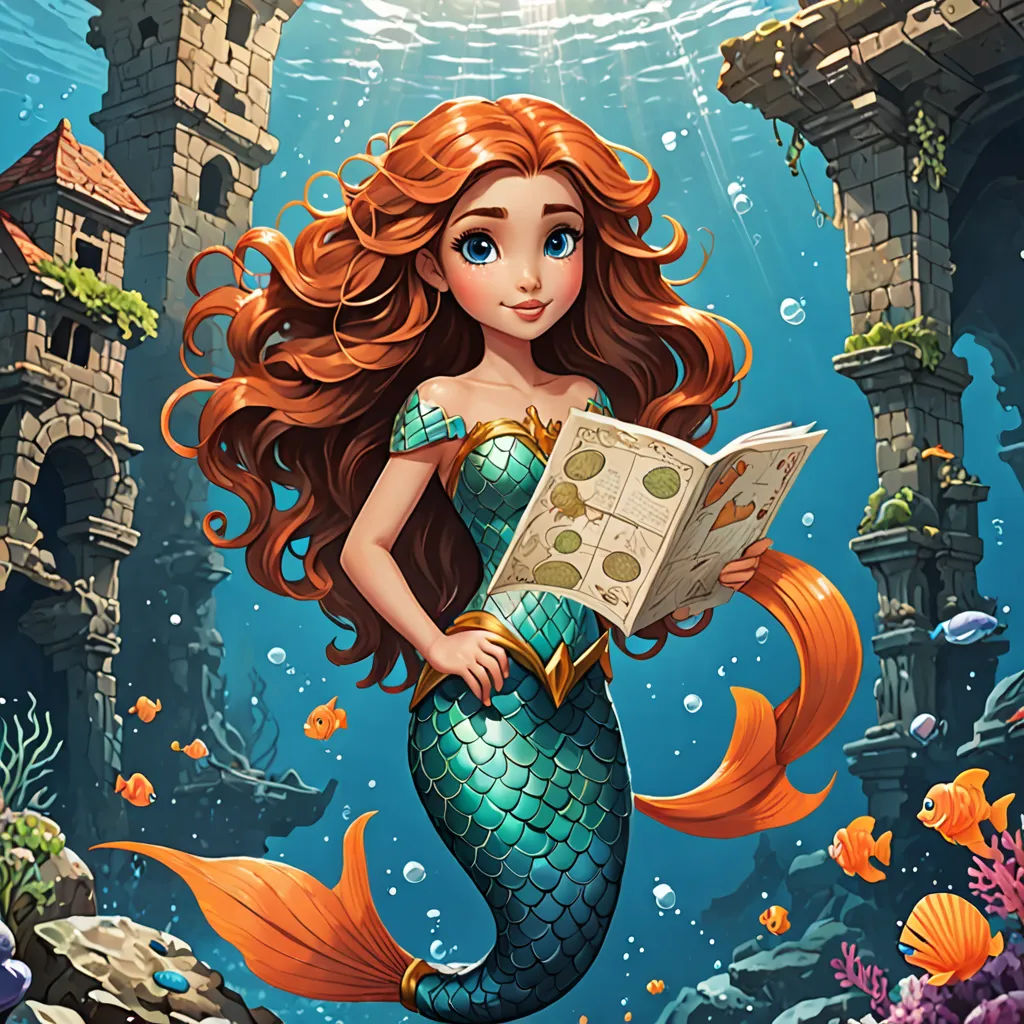 a mermaid with long hair is reading a book in the ocean with a castle in the background and a fish swimming in the water, fantasy art, a storybook illustration, Cliff Childs, official art