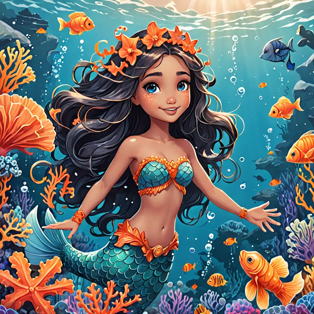 a beautiful mermaid with a crown on her head under the water with fish and corals around her, under the sea, fantasy art, a storybook illustration, Cyril Rolando, highly detailed digital painting