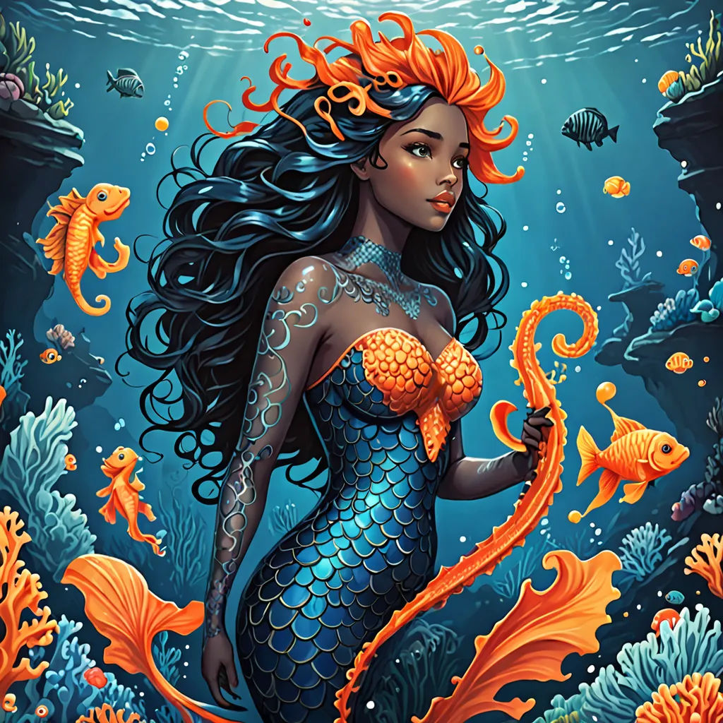 a painting of a mermaid with long hair and a fish tail in the water with fish around her, and a fish tail in her hair, fantasy art, poster art, Anna Dittmann, highly detailed digital painting