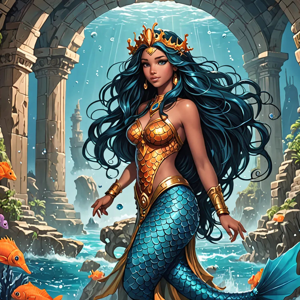 a beautiful woman in a mermaid costume standing in front of a fountain with fish around her neck and a crown on her head, fantasy art, a storybook illustration, Art of Brom, kinkade