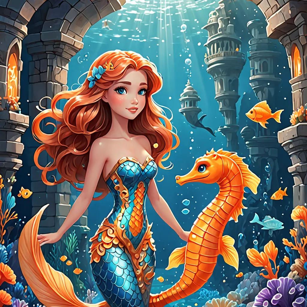 a beautiful redhead mermaid with a seahorse in a underwater castle scene with a castle and fish in the background, fantasy art, a storybook illustration, Anne Stokes, highly detailed digital painting
