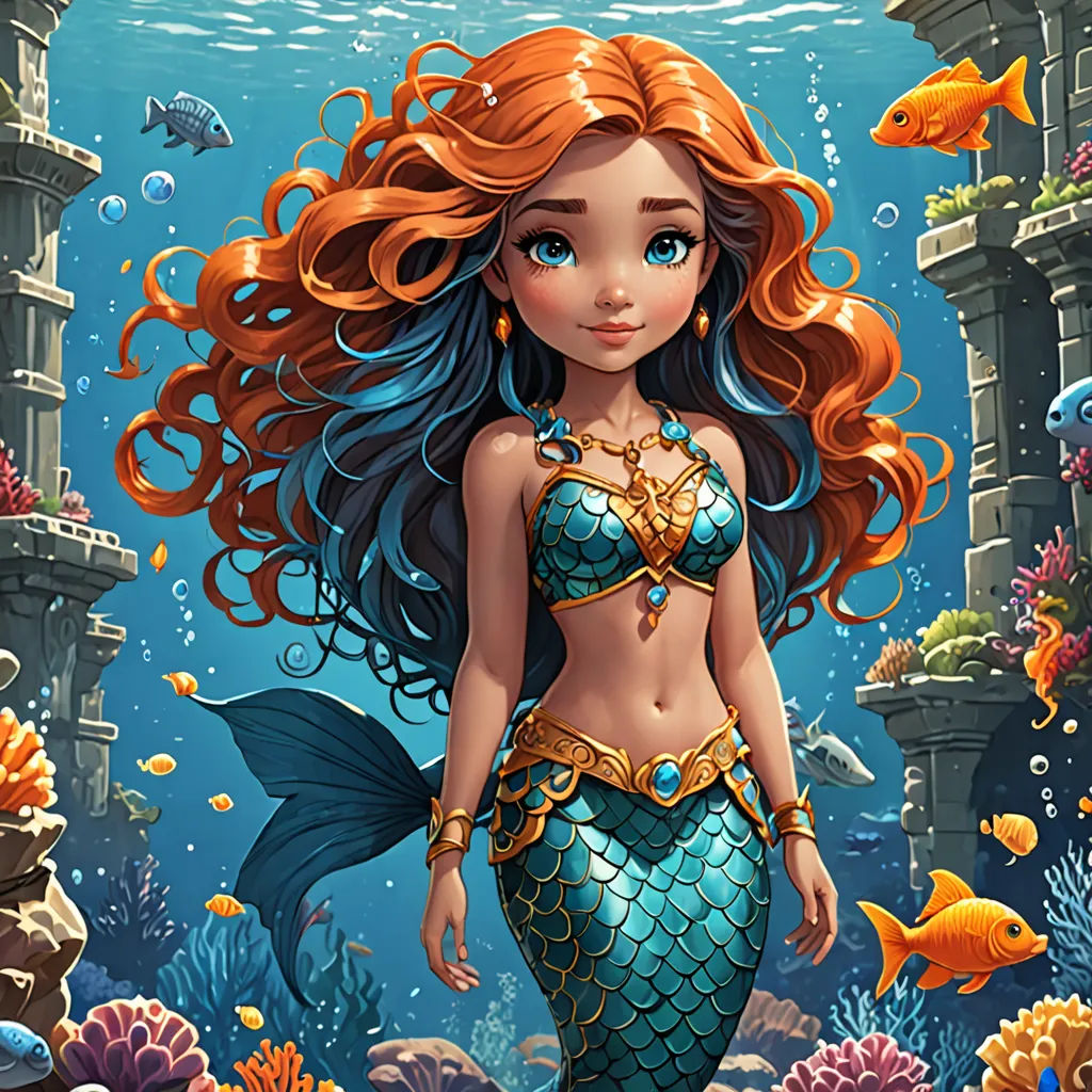 a beautiful mermaid with long hair standing in the ocean with fish and corals around her, and a castle in the background, fantasy art, a storybook illustration, Anne Stokes, league of legends splash art