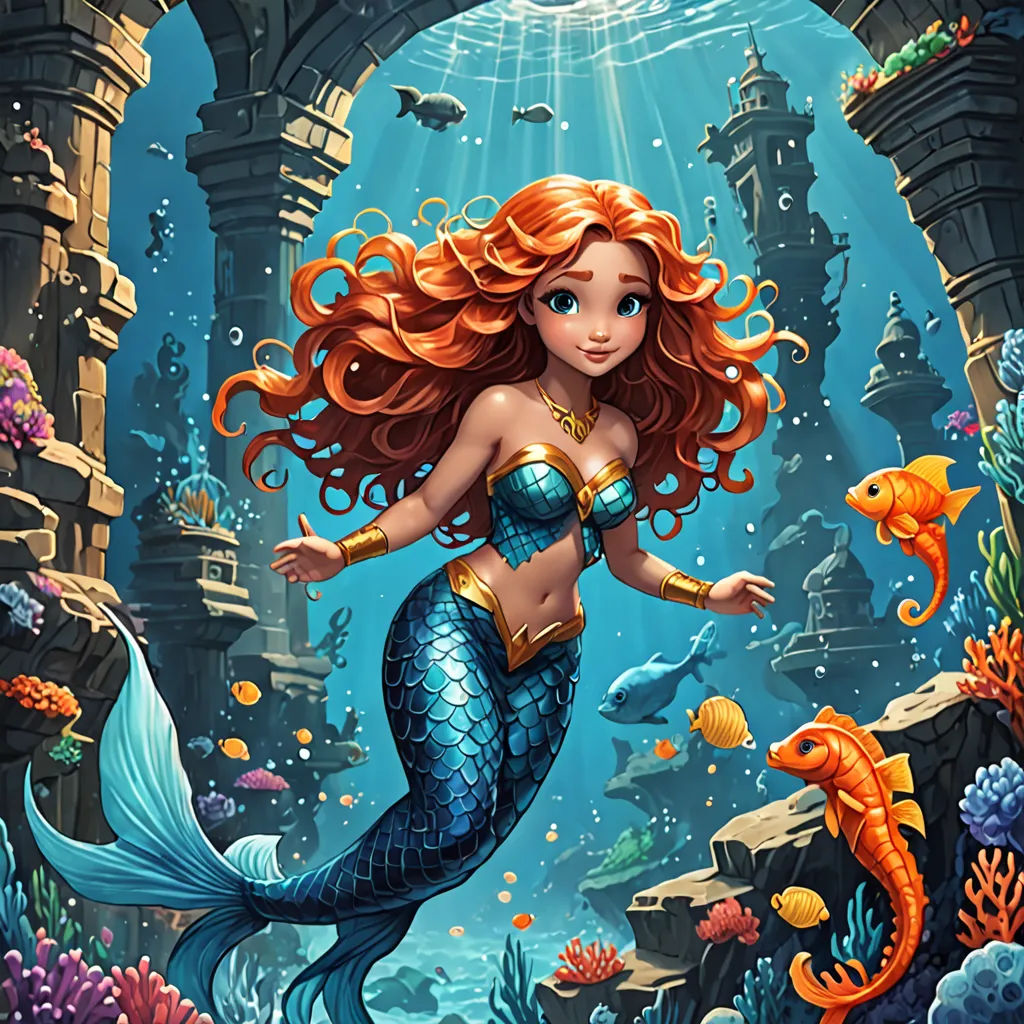 a beautiful mermaid with long red hair standing in a underwater cave with fish and corals on the bottom, fantasy art, a storybook illustration, Anne Stokes, kinkade