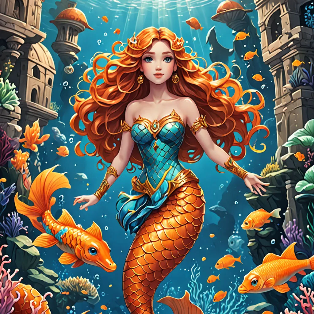 a beautiful mermaid with long red hair standing in the water surrounded by fish and corals, under a blue sky, fantasy art, a storybook illustration, Anne Stokes, highly detailed digital painting