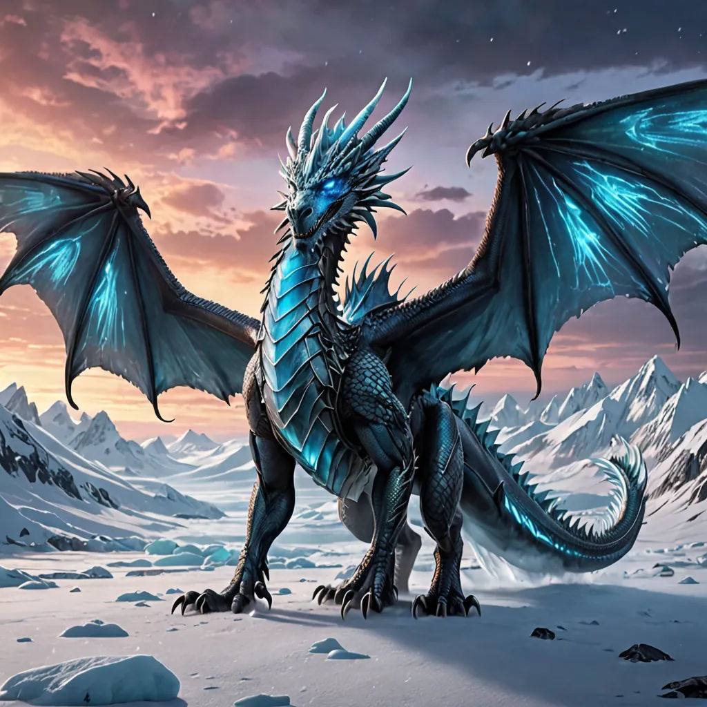 a blue dragon standing in the snow with mountains in the background at sunset or dawn with clouds in the sky, fantasy art, concept art, Anne Stokes, dragon art