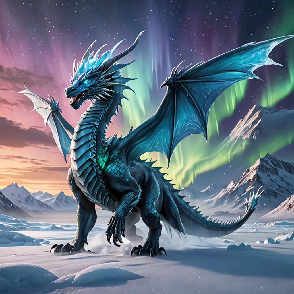 a dragon with a green and blue tail standing in the snow with a sky background and a aurora bore, fantasy art, an airbrush painting, Anne Stokes, dragon art
