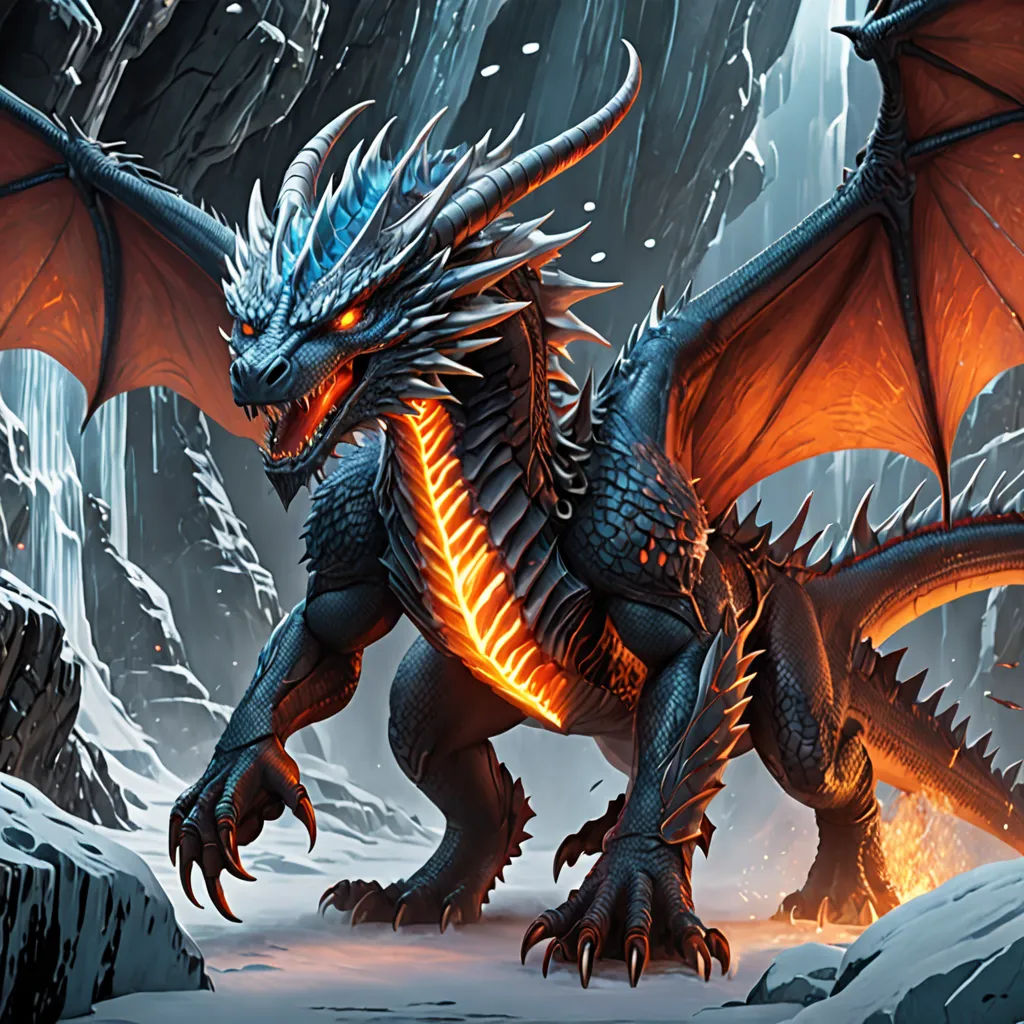 a dragon with a glowing tail and wings standing in a snowy area with rocks and snow on the ground, fantasy art, concept art, Anne Stokes, dragon art