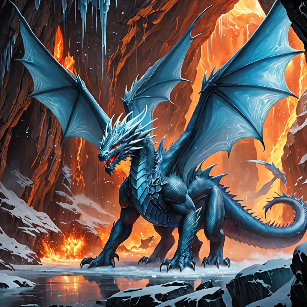 a dragon with a huge body of water in front of a mountain with lava and ice on it's sides, fantasy art, concept art, Anne Stokes, dragon art