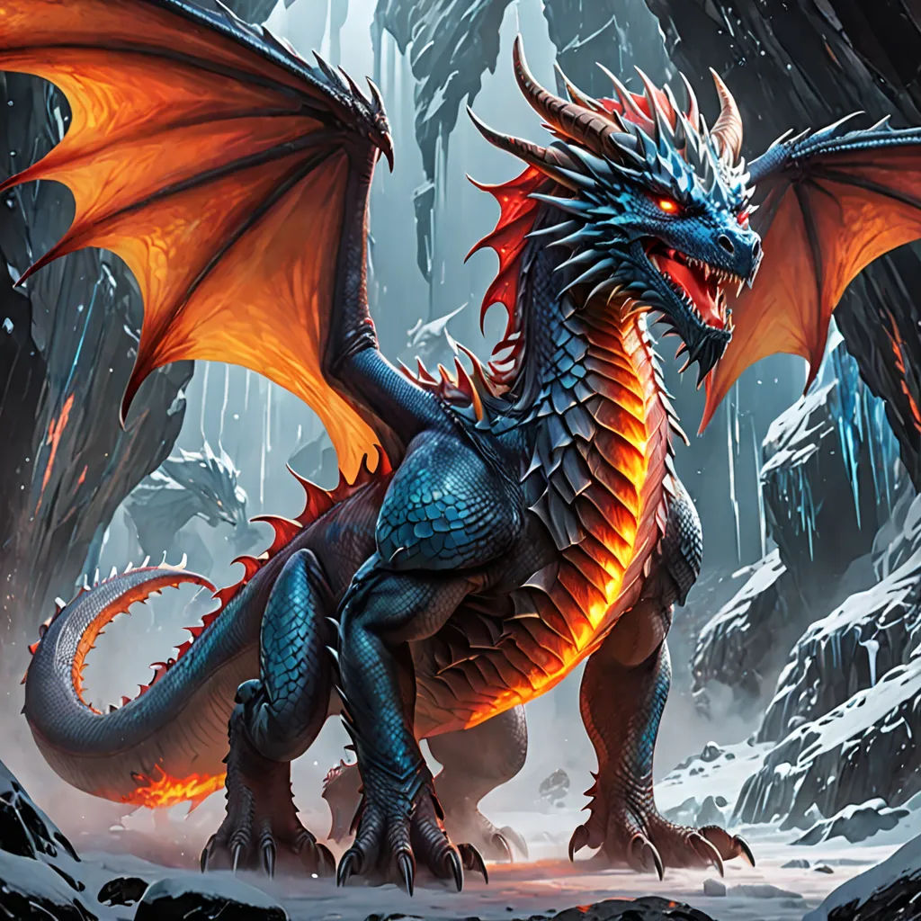 a dragon with orange wings standing in a snowy area with rocks and snow on the ground and a mountain behind it, fantasy art, concept art, Clint Cearley, dragon art