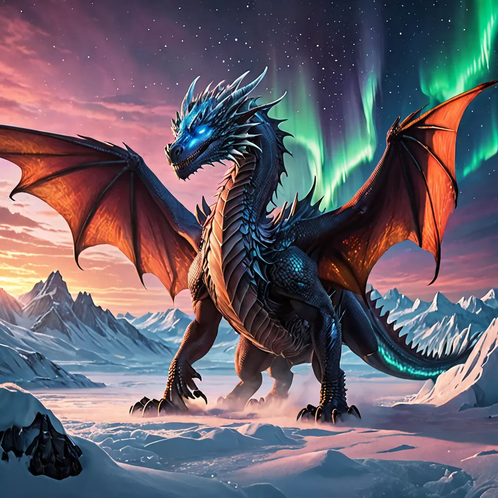 a dragon with a green and red light on its head and wings, standing in the snow with mountains in the background, fantasy art, an airbrush painting, Clint Cearley, dragon art