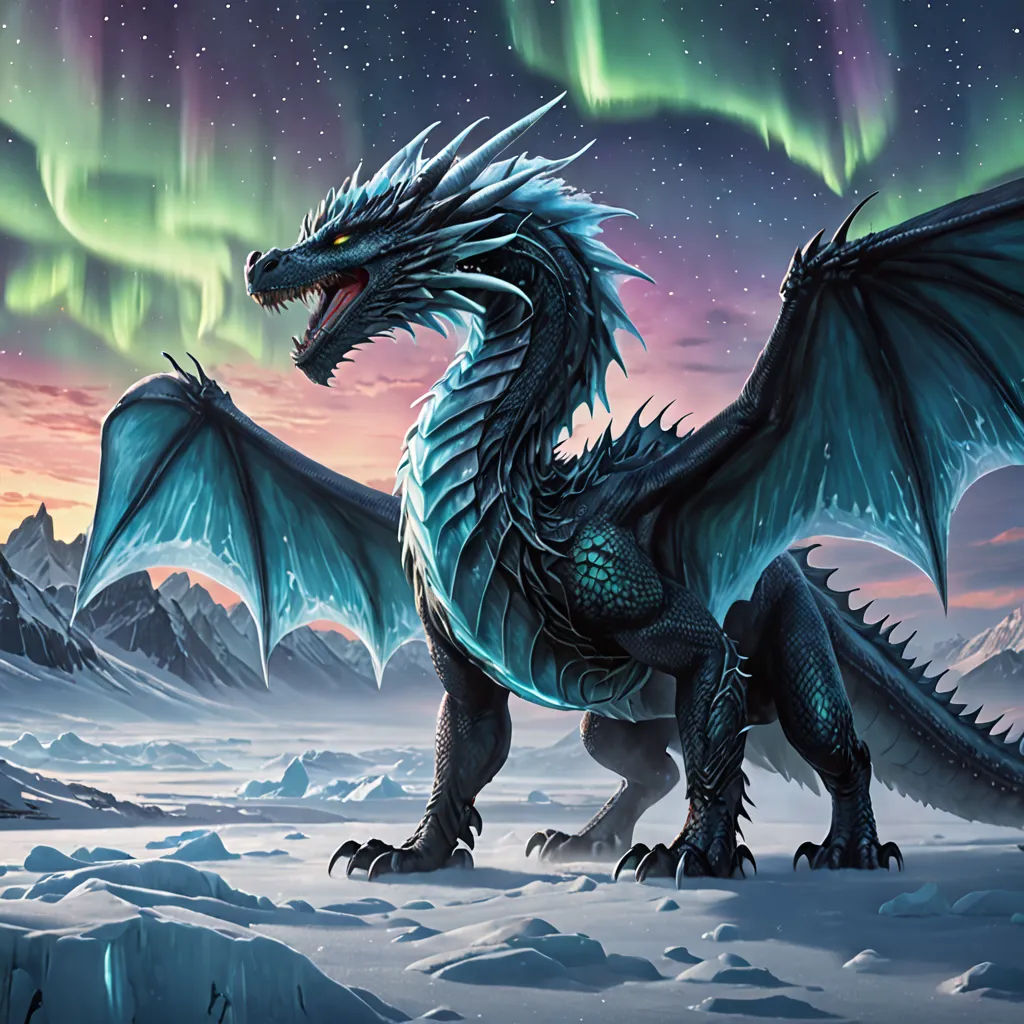 a dragon with a sky background and a aurora bore in the background, with a mountain range in the foreground, fantasy art, an airbrush painting, Anne Stokes, dragon art