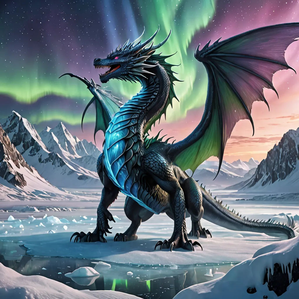 a dragon with a green and purple light above it's head and body, standing on a snowy surface, fantasy art, an airbrush painting, Anne Stokes, dragon art