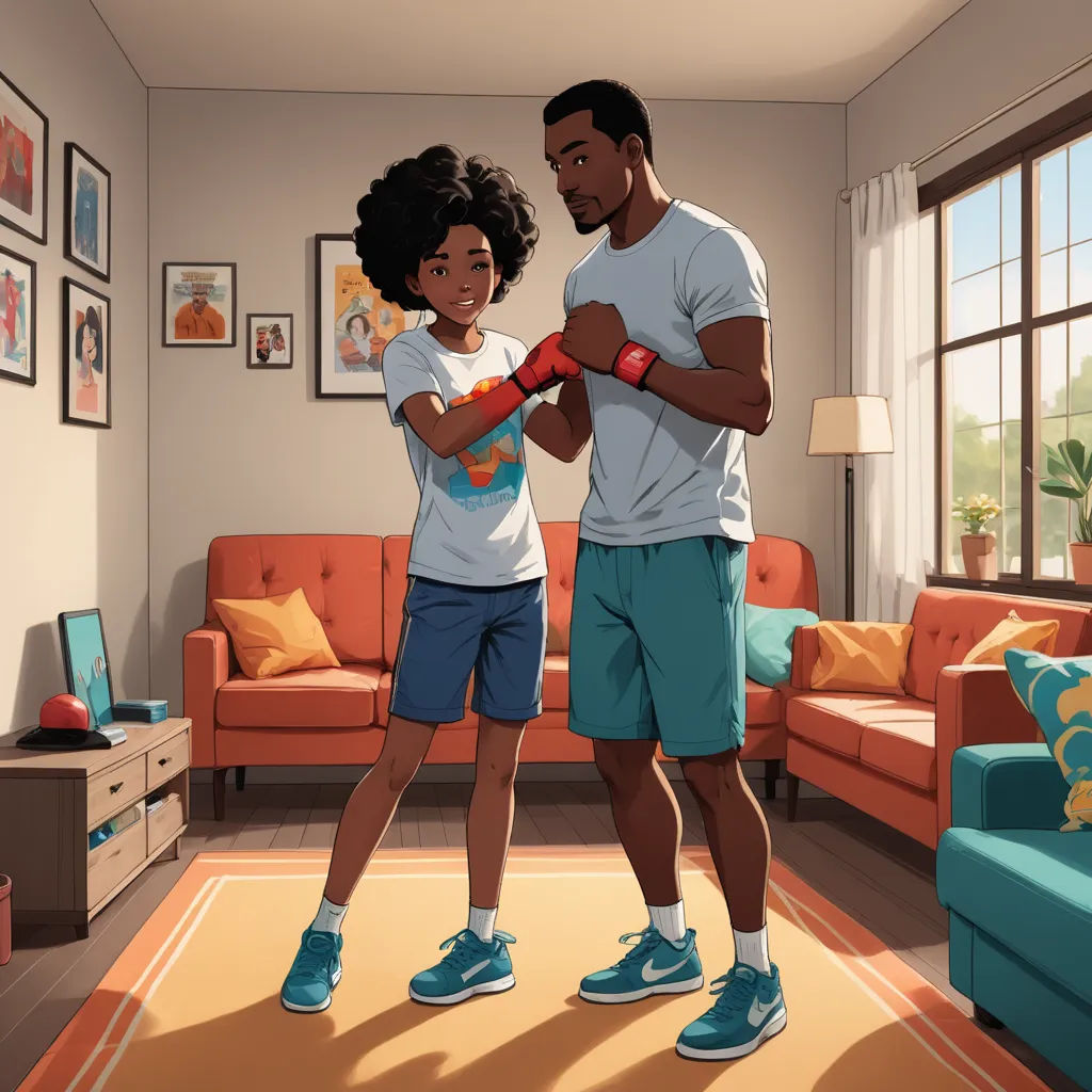 a man and a woman in a living room with a boxing glove in their hands and a couch in the background, american scene painting, concept art, Allan Brooks, official art