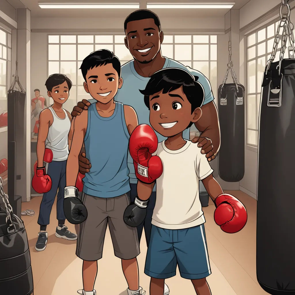 a man and two boys are standing in a boxing ring with boxing gloves on and a punching bag hanging from the ceiling, sots art, a storybook illustration, Adam Manyoki, promotional image
