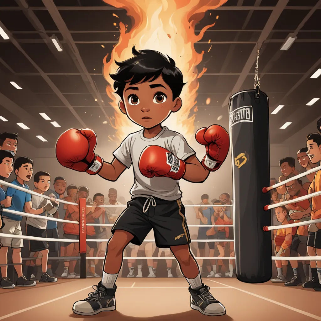 a boy in a boxing ring with a punching glove in front of a crowd of people in the ring, sots art, concept art, Eddie Mendoza, comic cover art