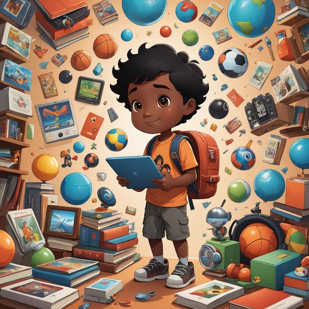 a boy is standing in a room with many objects around him and looking at a tablet computer in his hands, afrofuturism, a storybook illustration, Chris LaBrooy, comic cover art