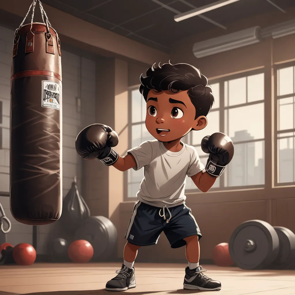a boy is practicing boxing in a gym with a punching bag on the wall behind him and a punching bag on the floor, sots art, concept art, Eddie Mendoza, character art