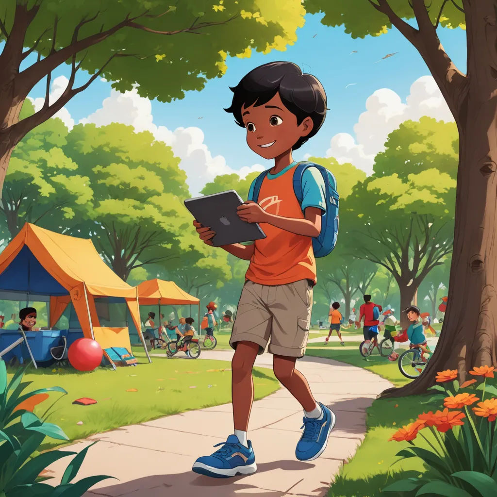 a boy is walking in the park with a tablet computer in his hand and a tent in the background, plein air, a storybook illustration, Chris LaBrooy, official art