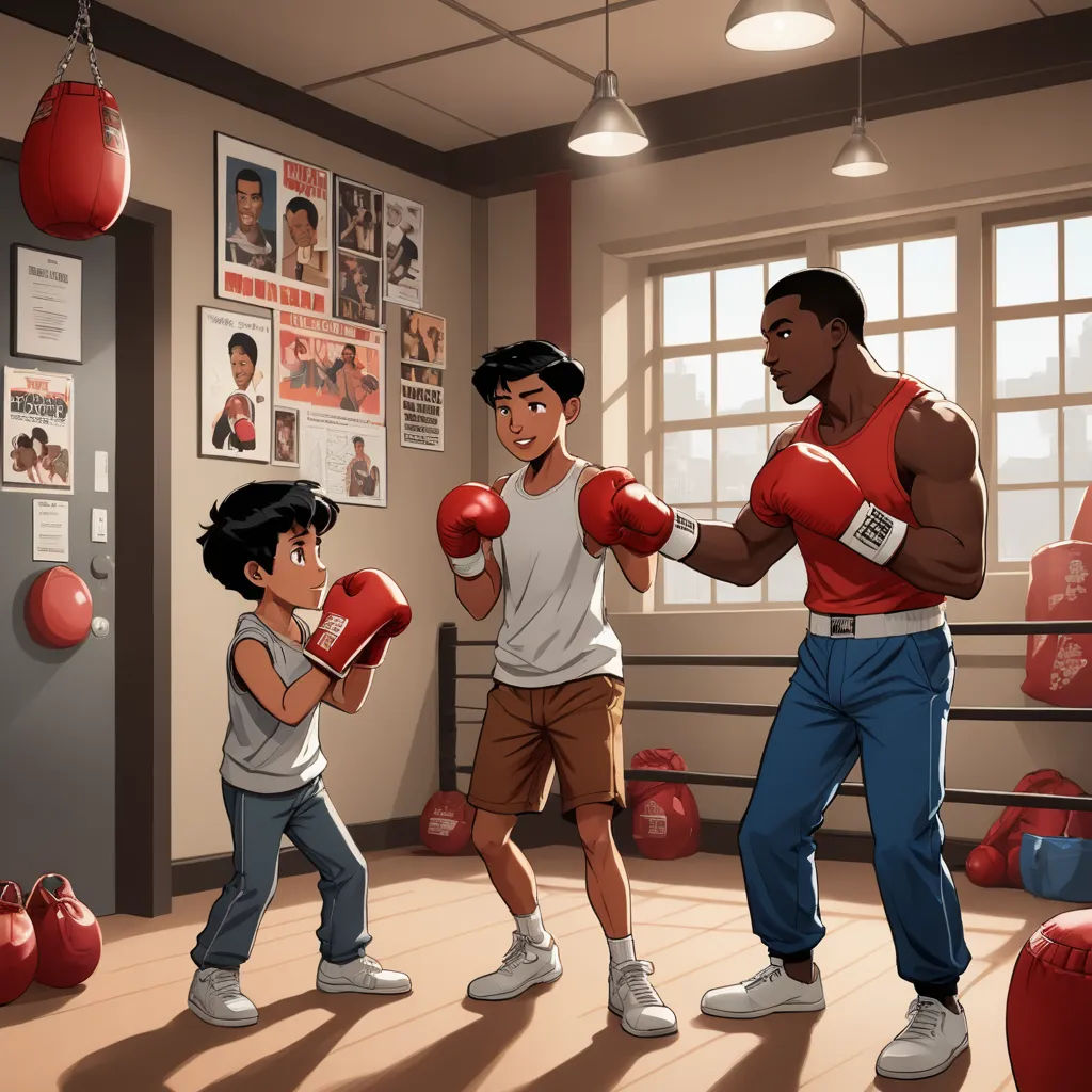 a man and two boys in a boxing ring with boxing gloves on and a punching bag in the air, american scene painting, concept art, Eddie Mendoza, official art