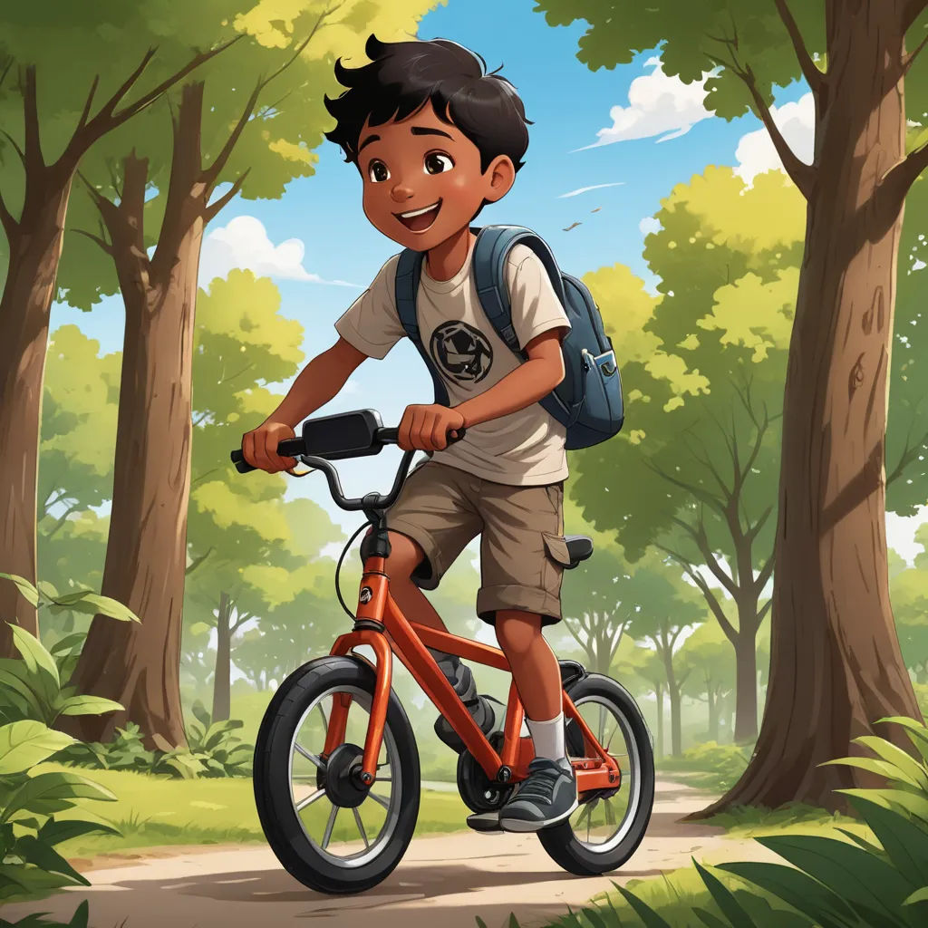 a boy riding a bike in a forest with trees and grass on both sides of the boy is smiling, american scene painting, a storybook illustration, Aaron Jasinski, official art
