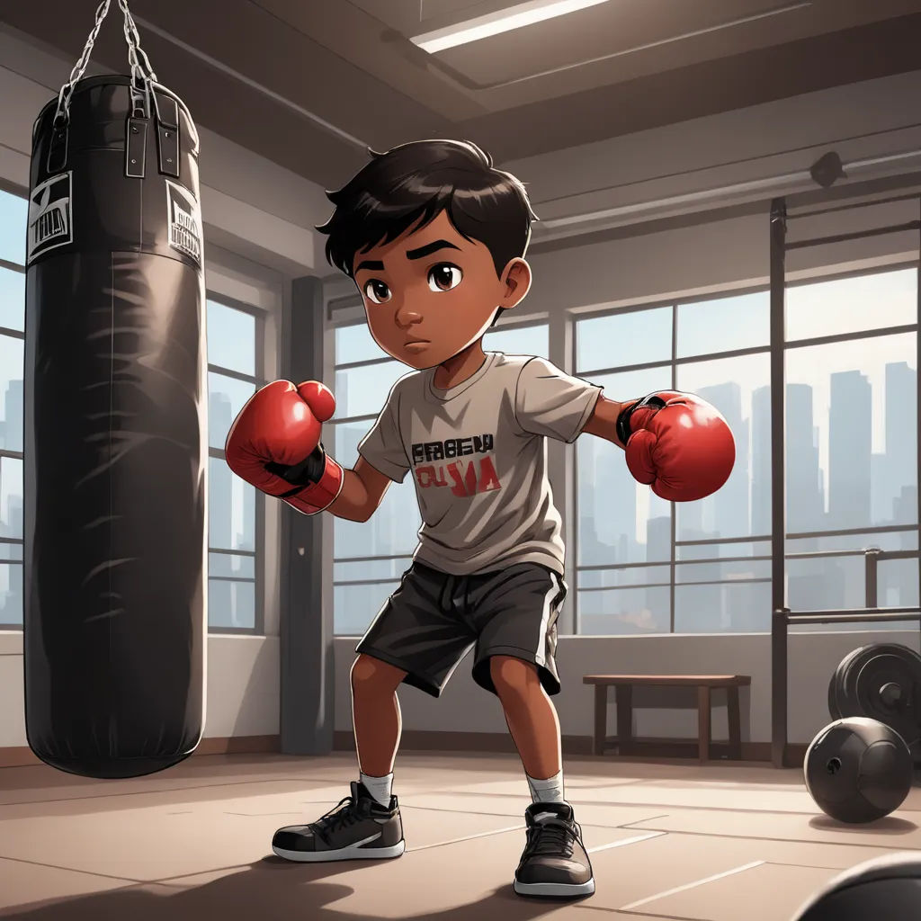 a boy in a boxing ring with boxing gloves on his hands and a punching bag in the background with a city view, sots art, concept art, Eddie Mendoza, character art