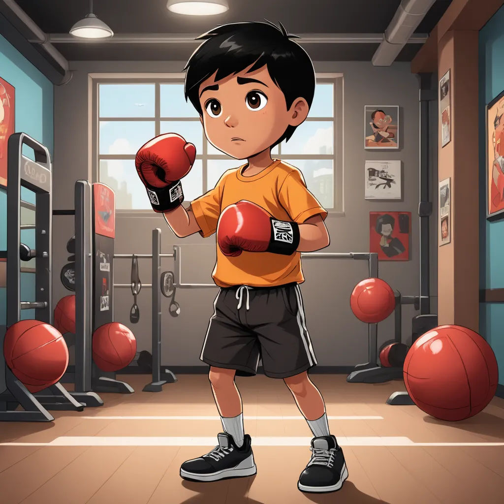 a boy in a gym with boxing gloves on his hands and a punching bag in his hand, in front of a gym with red balls, sots art, a character portrait, Eddie Mendoza, character art