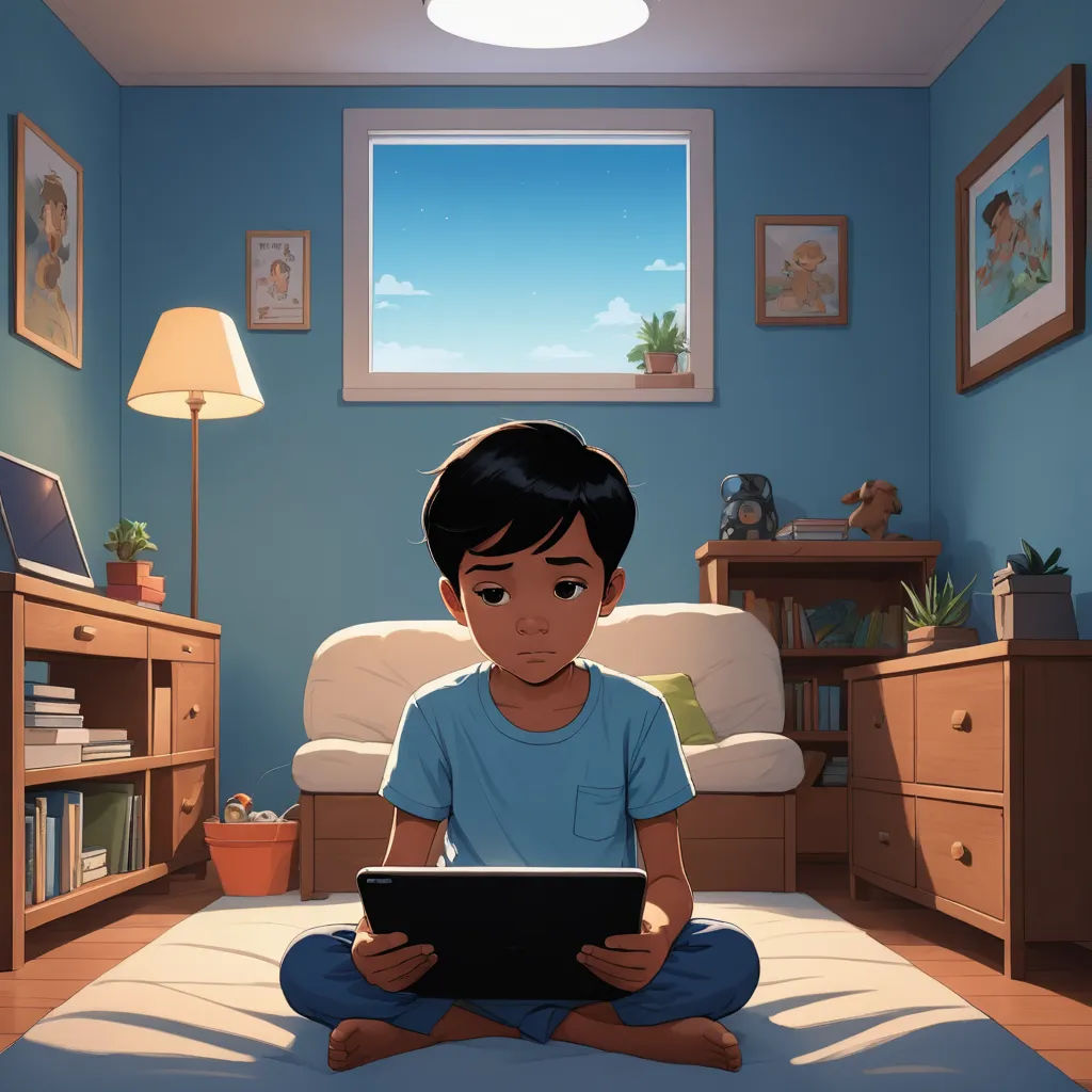 a boy sitting on the floor using a laptop computer in a bedroom with a blue wall and a white bed, sots art, a storybook illustration, Chris LaBrooy, rossdraws global illumination