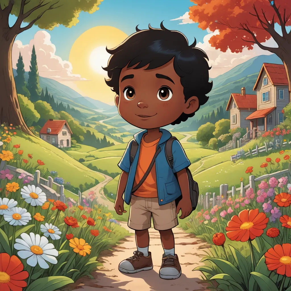 a boy standing in a field with flowers and a house in the background with a sun in the sky, serial art, a character portrait, Aaron Jasinski, comic cover art