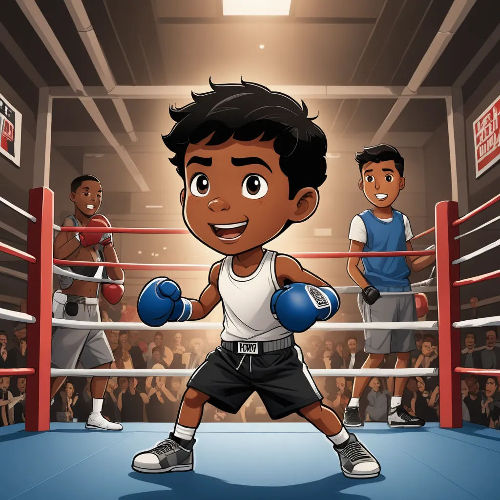a cartoon of a boy in a boxing ring with a referee behind him and a crowd of people watching, sots art, concept art, Eddie Mendoza, character art