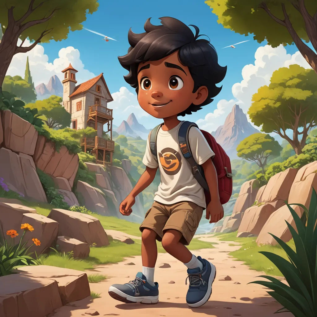 a boy with a backpack is walking down a path in a cartoon style with a house in the background, sots art, a storybook illustration, Chris LaBrooy, promotional image