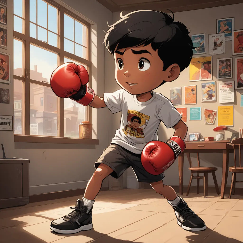 a boy in a room with a window and a boxing glove in his hand and a poster on the wall, photorealism, concept art, Eddie Mendoza, character art