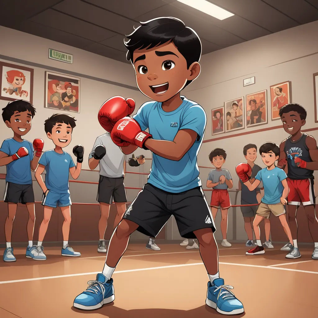 a cartoon of a boy with boxing gloves in a boxing ring with a group of people in the background, sots art, a storybook illustration, Eddie Mendoza, character art