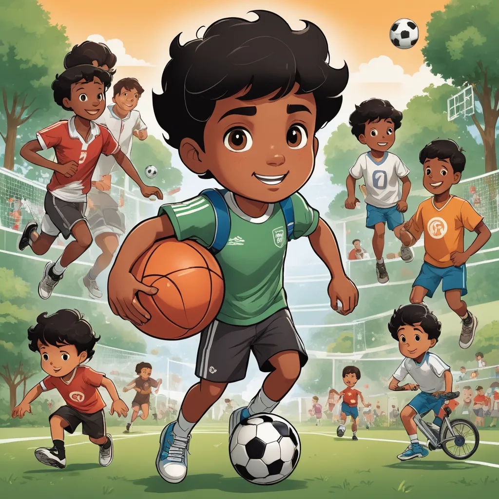 a cartoon of a boy holding a basketball and a ball in front of a group of other children on a soccer field, quito school, a storybook illustration, Fathi Hassan, comic cover art