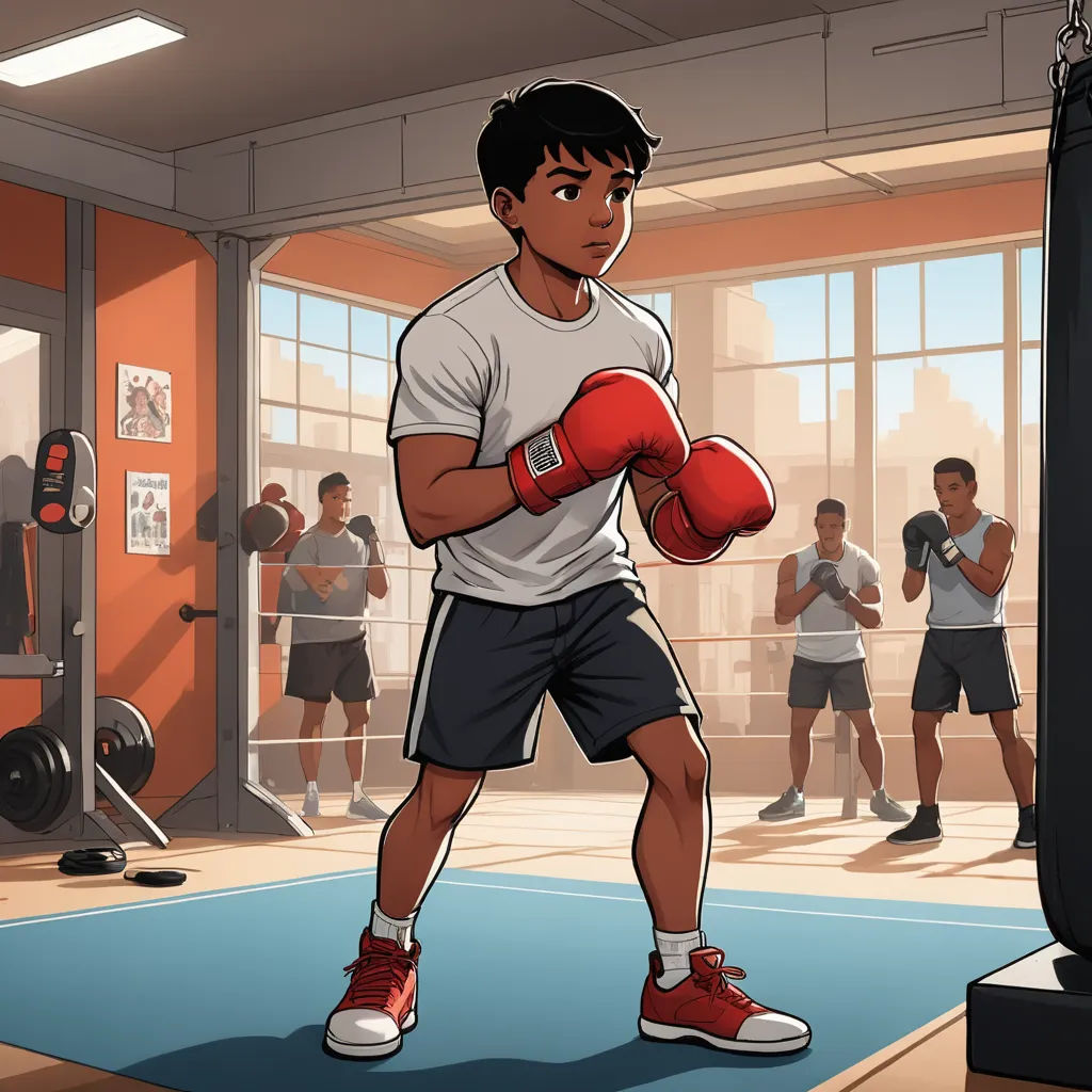 a man in a gym with a punching bag in his hand and a group of people in the background, sots art, a comic book panel, Eddie Mendoza, official art