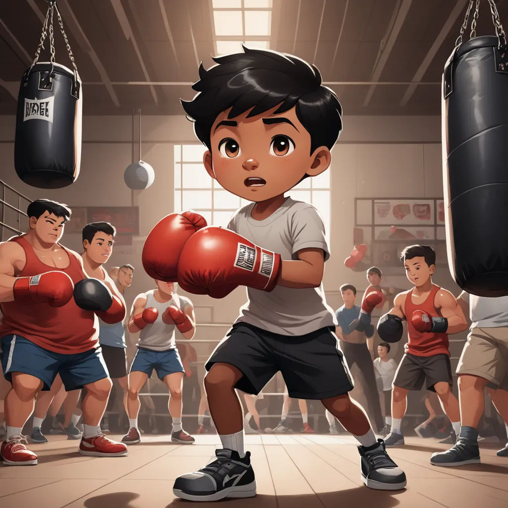 a boy in a boxing ring with a punching glove in his hand and a group of other boys in the background, sots art, a storybook illustration, Eddie Mendoza, stanley artgerm lau