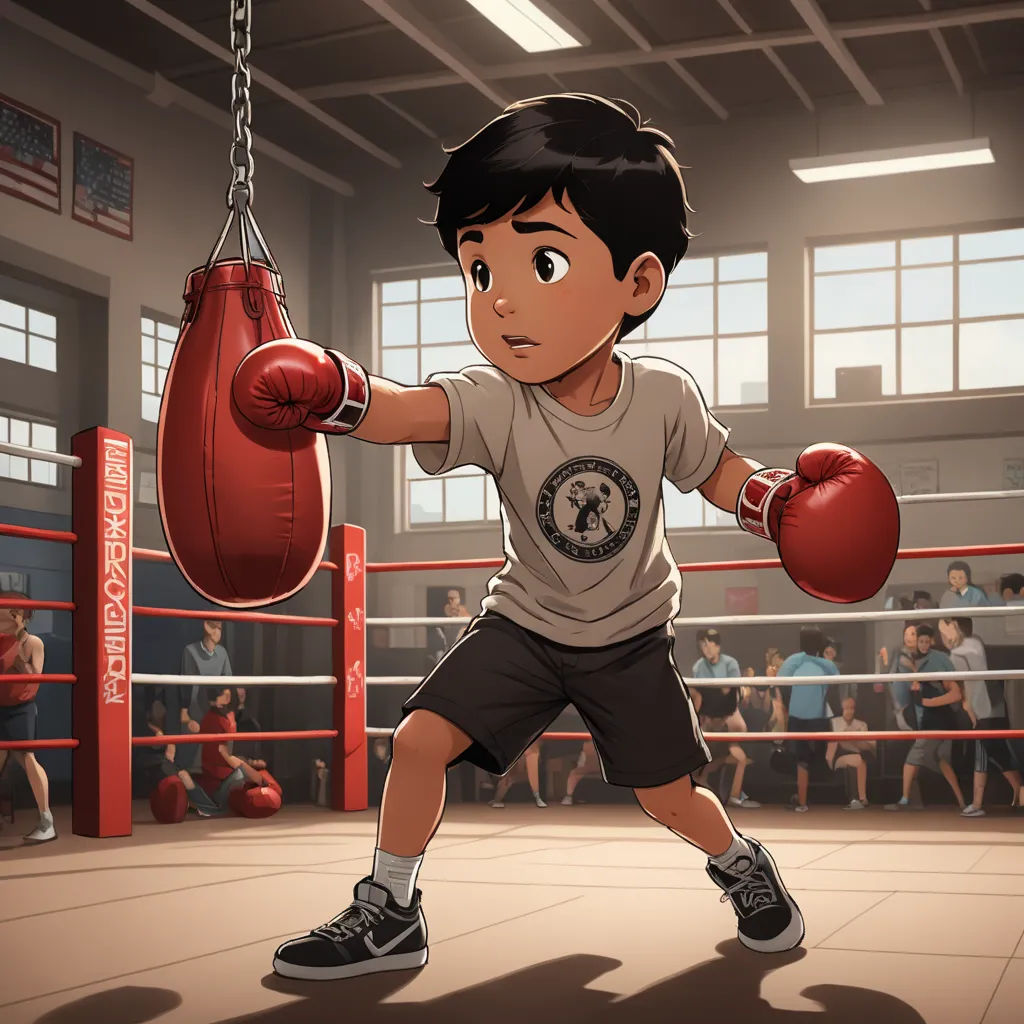 a boy in a boxing ring with a punching glove on his hand and a crowd of people in the background, photorealism, concept art, Eddie Mendoza, official art