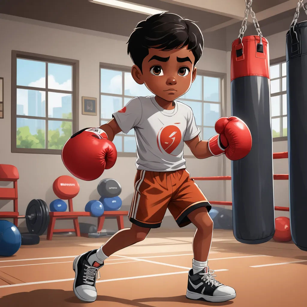 a boy in a boxing ring with boxing gloves on his hands and punching gloves on his chest, with a punching bag in the background, sots art, concept art, Eddie Mendoza, character art