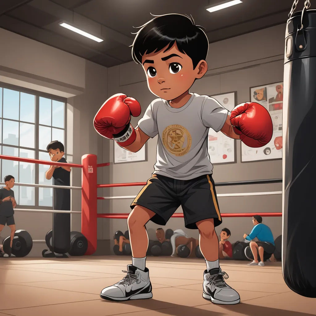 a boy in a boxing ring with boxing gloves on his hands and a punching bag in the other hand, sots art, a storybook illustration, Eddie Mendoza, official art